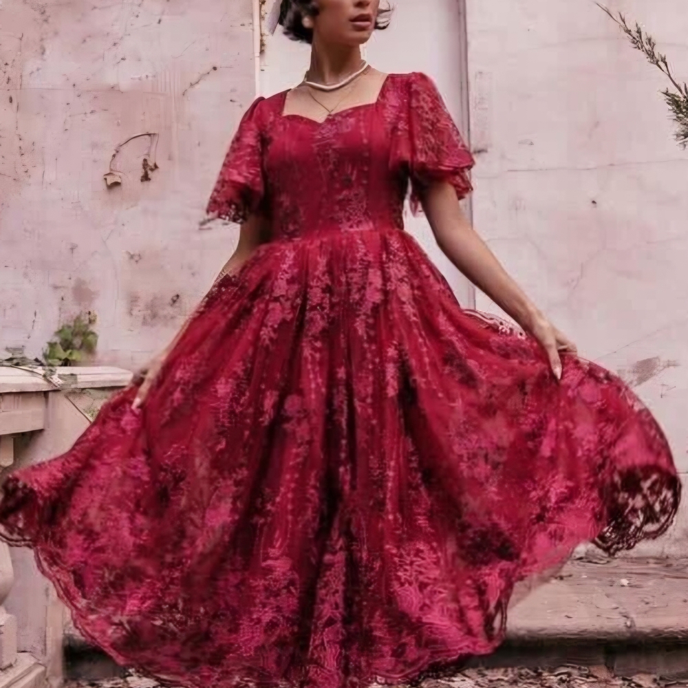 JessaKae Elegant Red Embroidered Lace Dress